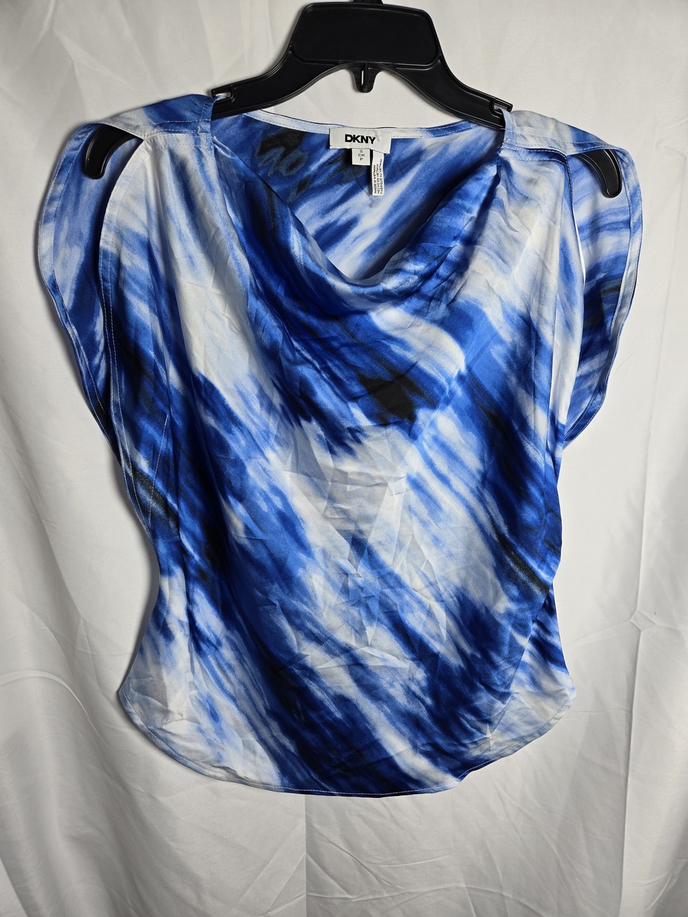 DKNY Blue and White Tie-Dye Cowl Neck Top